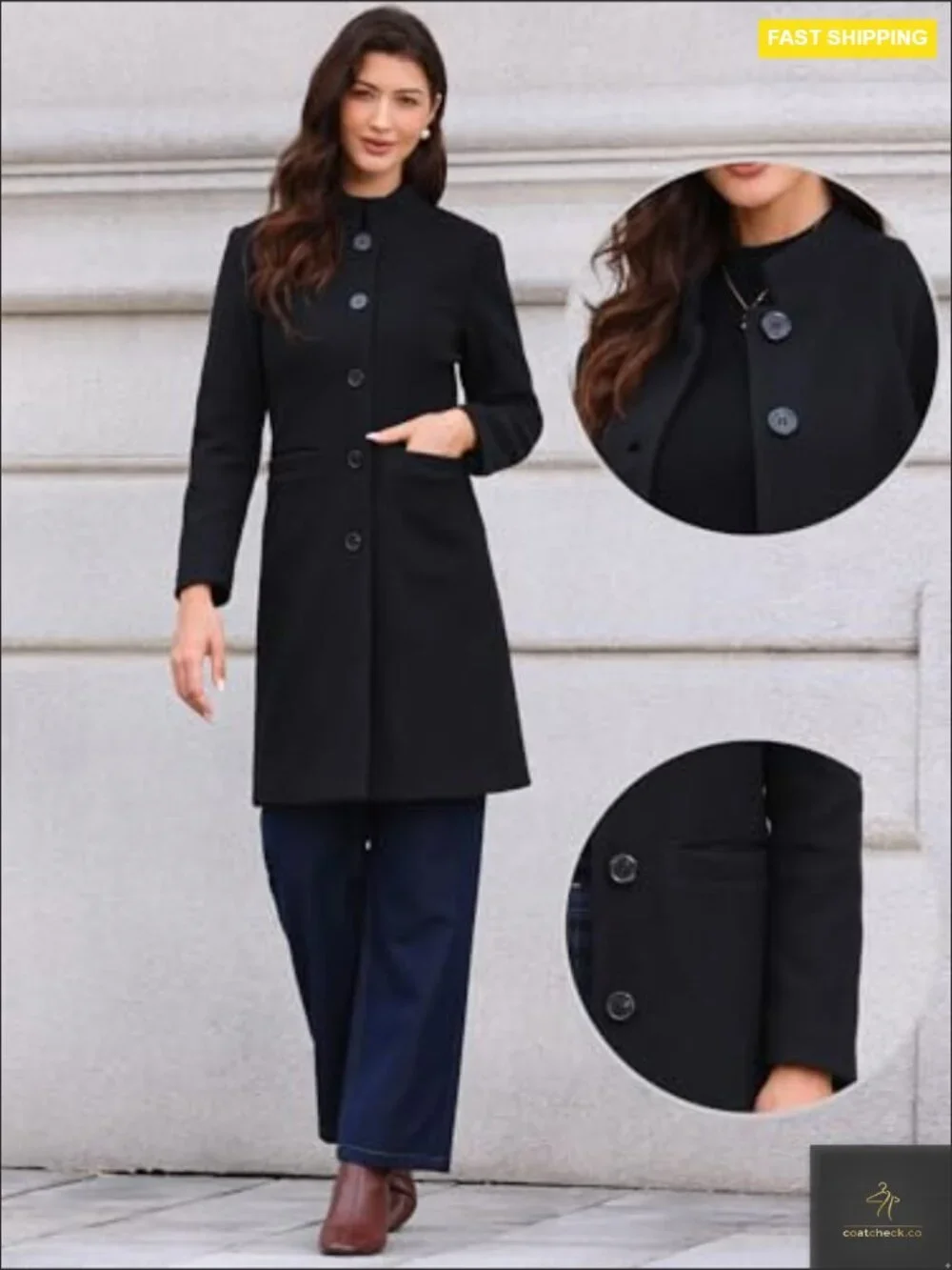 Pea Coat Stand Collar Single Breast Long Winter Coat with Pockets